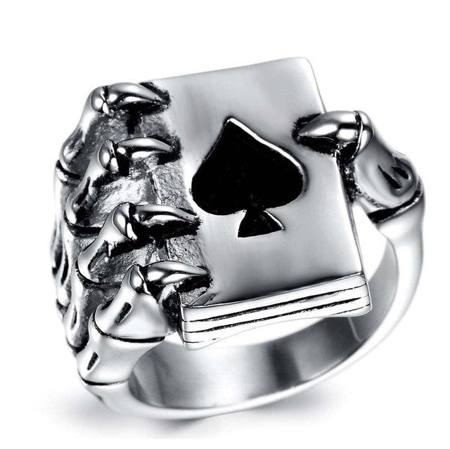Vintage Style Stainless Steel Men Rings Gothic Skull Hand Claw Poker Playing Card Design Rings