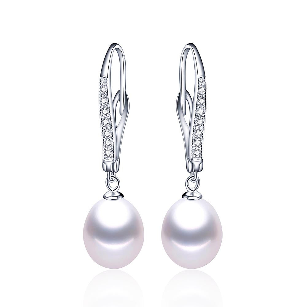 Classic Pearl Earrings,Genuine natural freshwater pearl dangle earrings for women, silver drop earrings 8-9mm 
