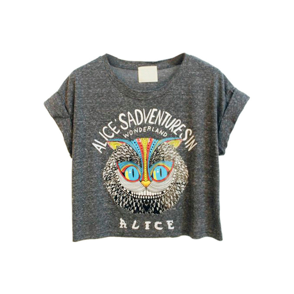 Latest New Women Loose Gray Owl Pattern Crop Top with ALICE'S ADVENTURES IN WONDERLAND Letters Print One Size