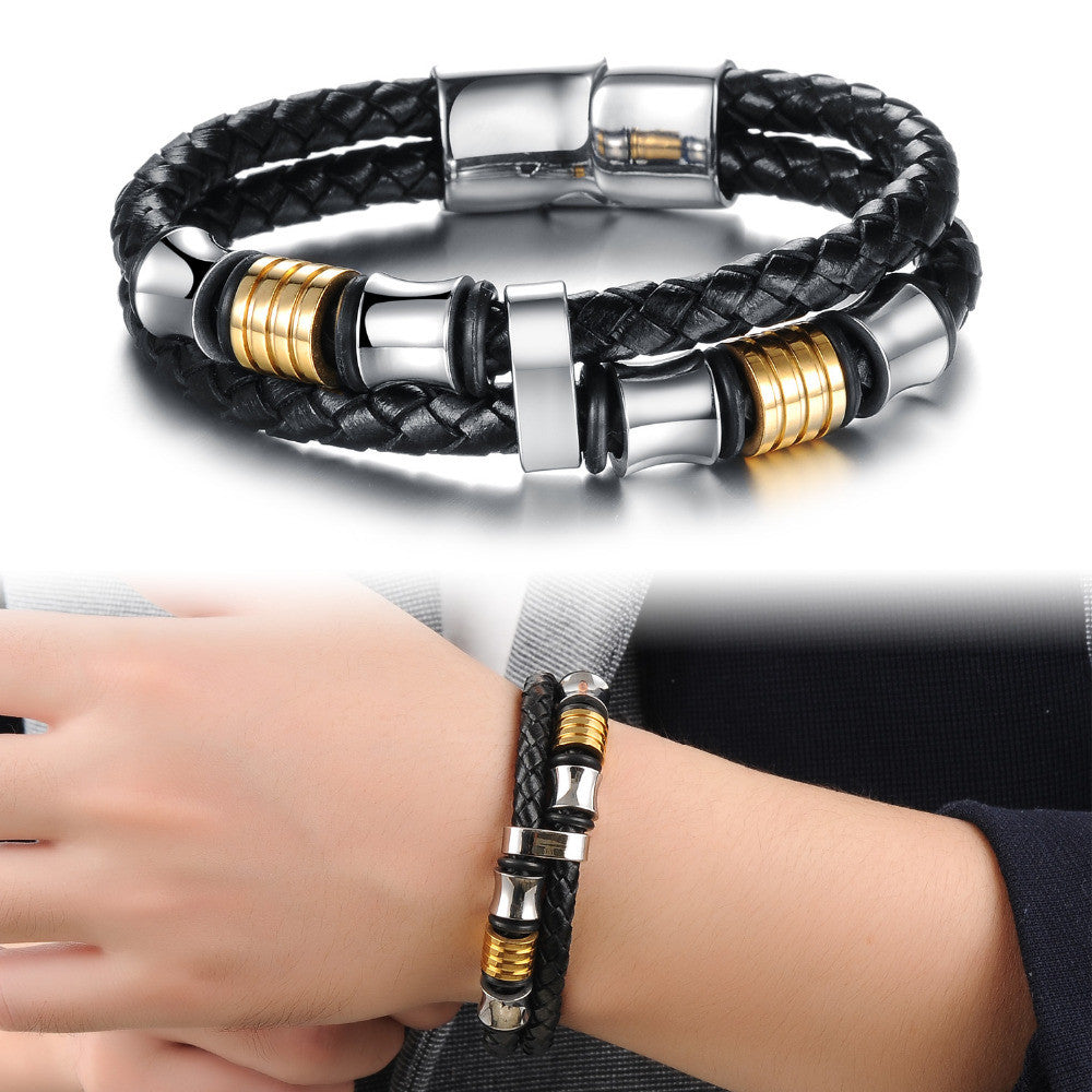 Leather Bracelet,High Quality Punk Double Layer Cowhide Bracelet,Rock Styel,Magnetic buckle