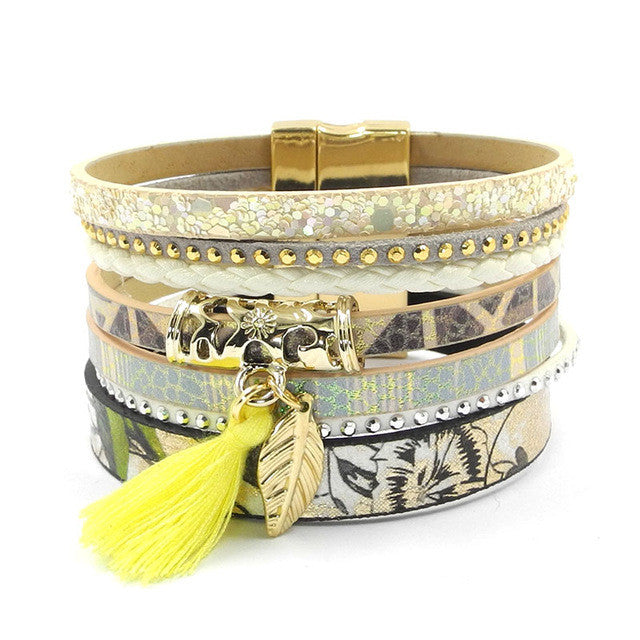 Leather bracelet yellow flowers women charm bracelets magnet buckle Friendship bracelet Bohemian bracelets&bangles