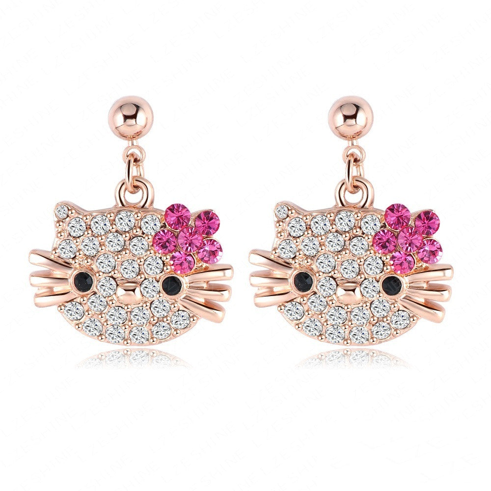 Lovely Cat Flower Stud Earring For Girls 18K Rose Gold Plate Austrian Crystals Kitten Earings With SWA Elements