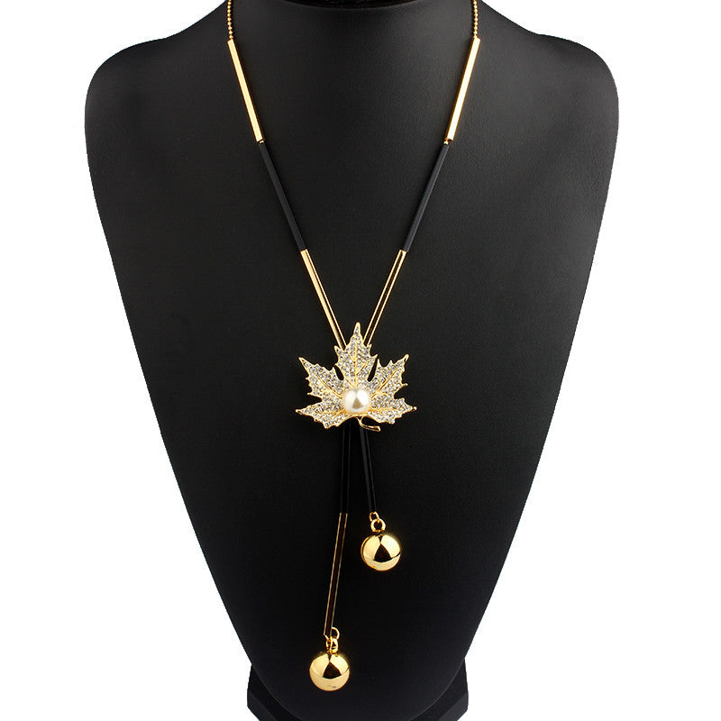 Lovely Maple Leaf Long Beaded Chain Tassel Pendant Necklace Women Office Lady Imitation Pearl Jewelry Bijoux Gifts