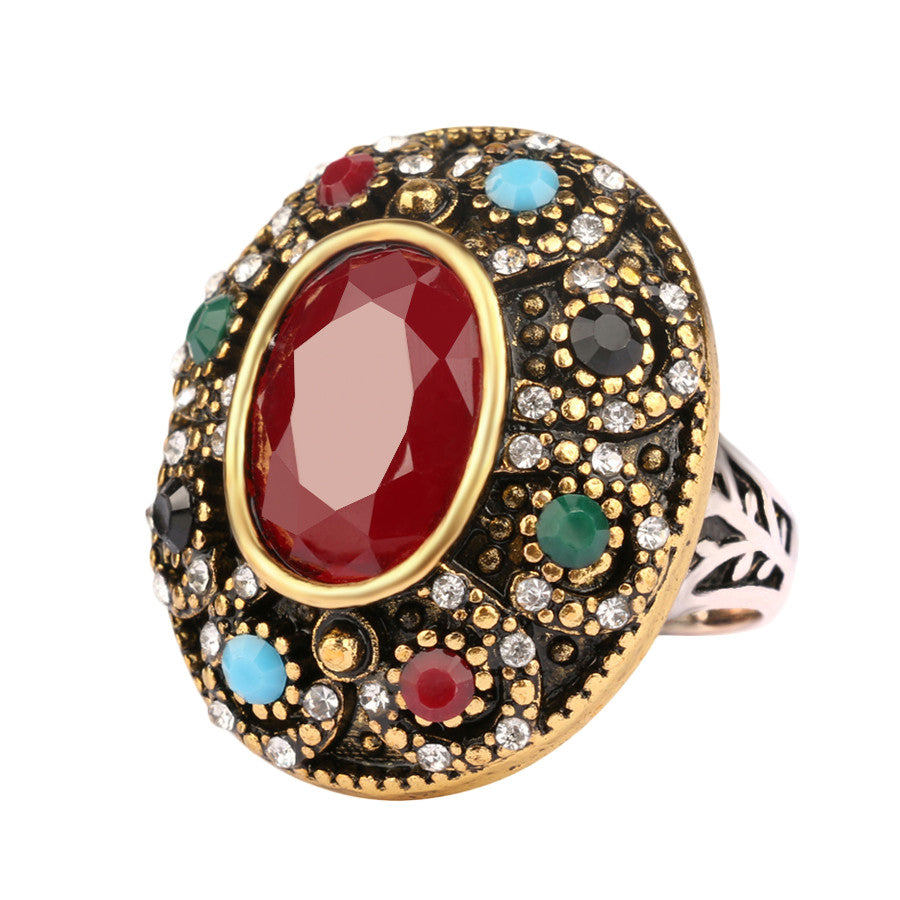Luxurious Oval Big Turquoise Ring Turkey Jewelry Vintage Look Inlaid 7 Colour Resin Wedding Ring For Women