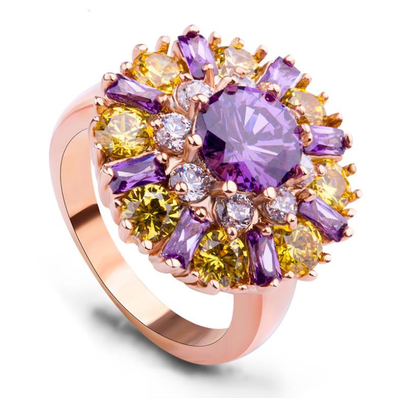 Luxury 18K Gold Plated Finger Rings with Purple and Champagne Zircon for Women Wedding