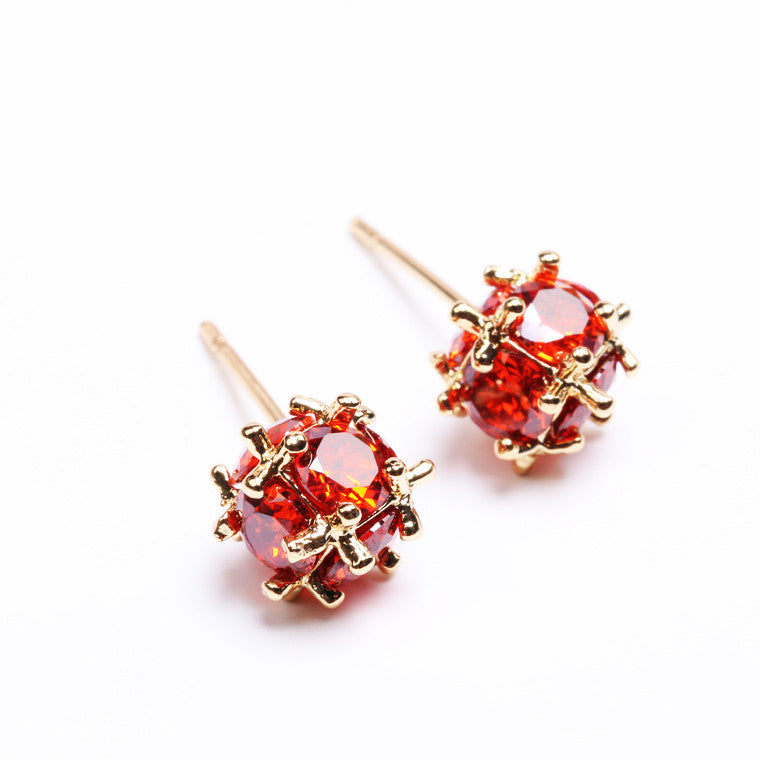Luxury 18k Rose Gold Red Ball Stud Earrings with Zircon Crystal Women Engagement Jewelry
