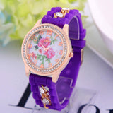 Luxury Flower Silicone Watches Women Diamond Rose Gold Quartz Watch Fashion Wristwatches Clocks Wrist Watches Fine Jewelry