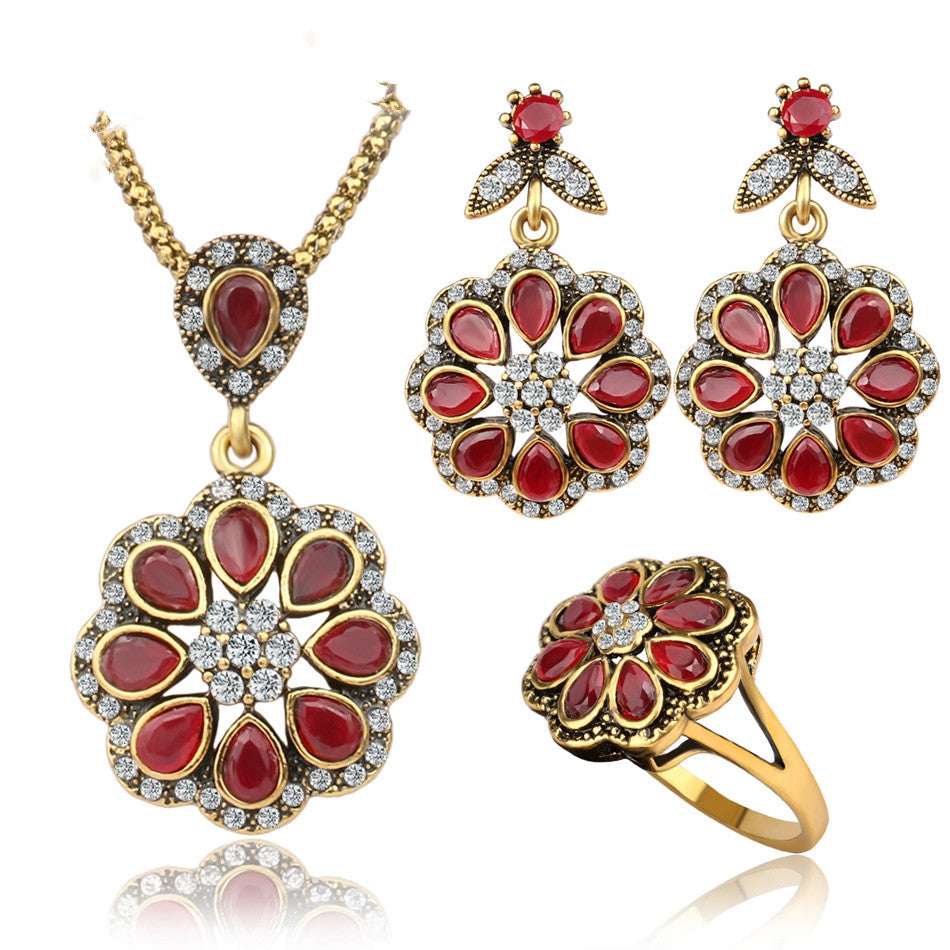Luxury Ruby Jewelry Fashion Petal Type Nigerian Wedding African Beads Gold Plated Jewelry Sets For Women