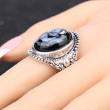 Luxury Sapphire Shells Resin Ring For Women Dazzle Artificial Coral Accessories Silver Plated Vintage Oval Big Rings
