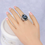 Luxury Sapphire Shells Resin Ring For Women Dazzle Artificial Coral Accessories Silver Plated Vintage Oval Big Rings