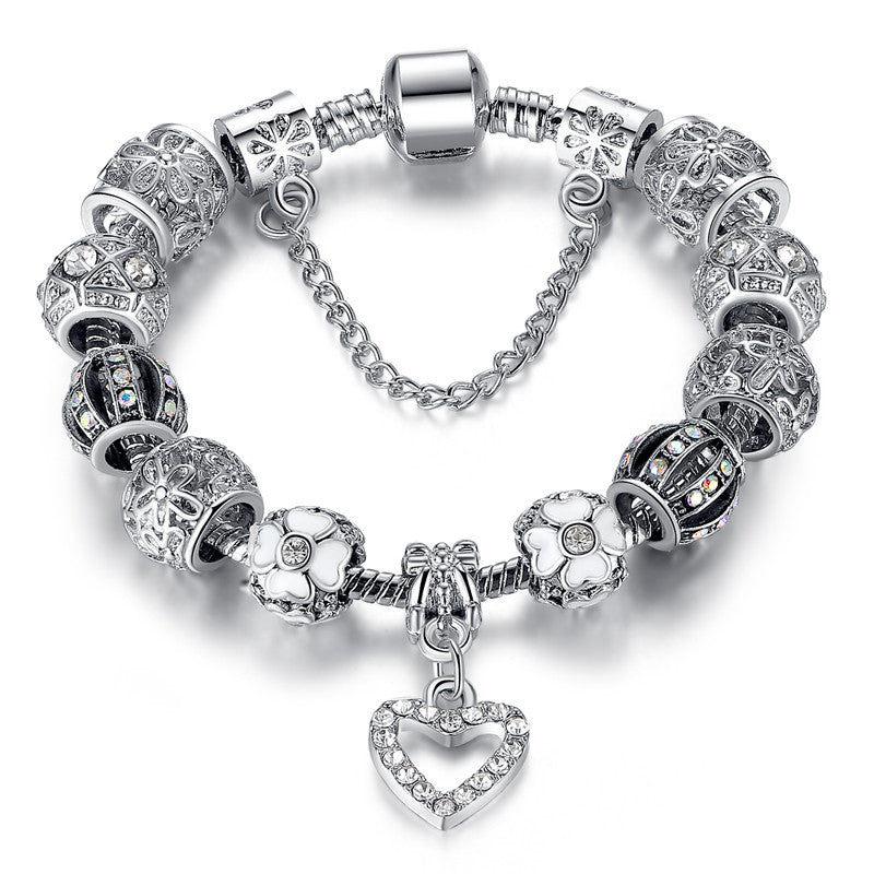 Luxury 925 Tibetan Silver Bead Crystal Dangle Heart Charm Bracelet for Women Fine Jewelry Original Bracelet Pulsera Gift