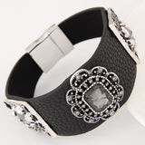 Luxury Brand Fashion Handmade Gem Rhinestone Magnetic Clasp Leather Bracelets & Bangles for Women Wide pulseras mujer