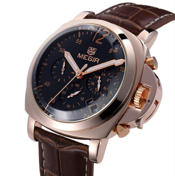 MEGIR Genuine Leather Luxury Men Watches Chronograph 6 Hands 24 Hours Function Men Top Brand Military Watch