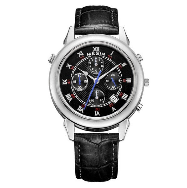 MEGIR Luxury Men Watches Design CHRONOGRAPH 24 Hours Business Watch 2 Movement Genuine Leather Men Watches