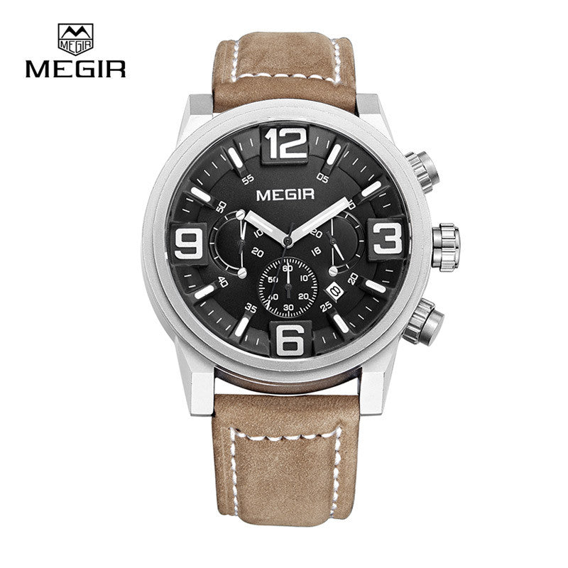 MEGIR new fashion casual quartz watch men large dial waterproof chronograph releather wrist watch relojes