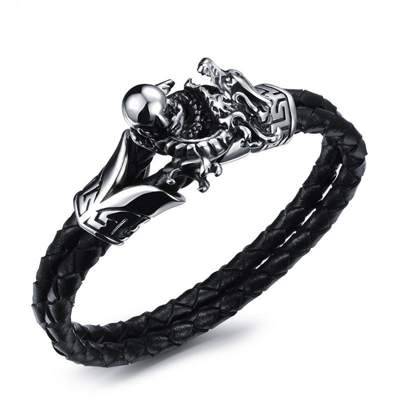 FASHION Men Jewelry Black Leather Chain Braided Rope Stainless Steel Bracelet Dragon Design Man Vintage Accessories