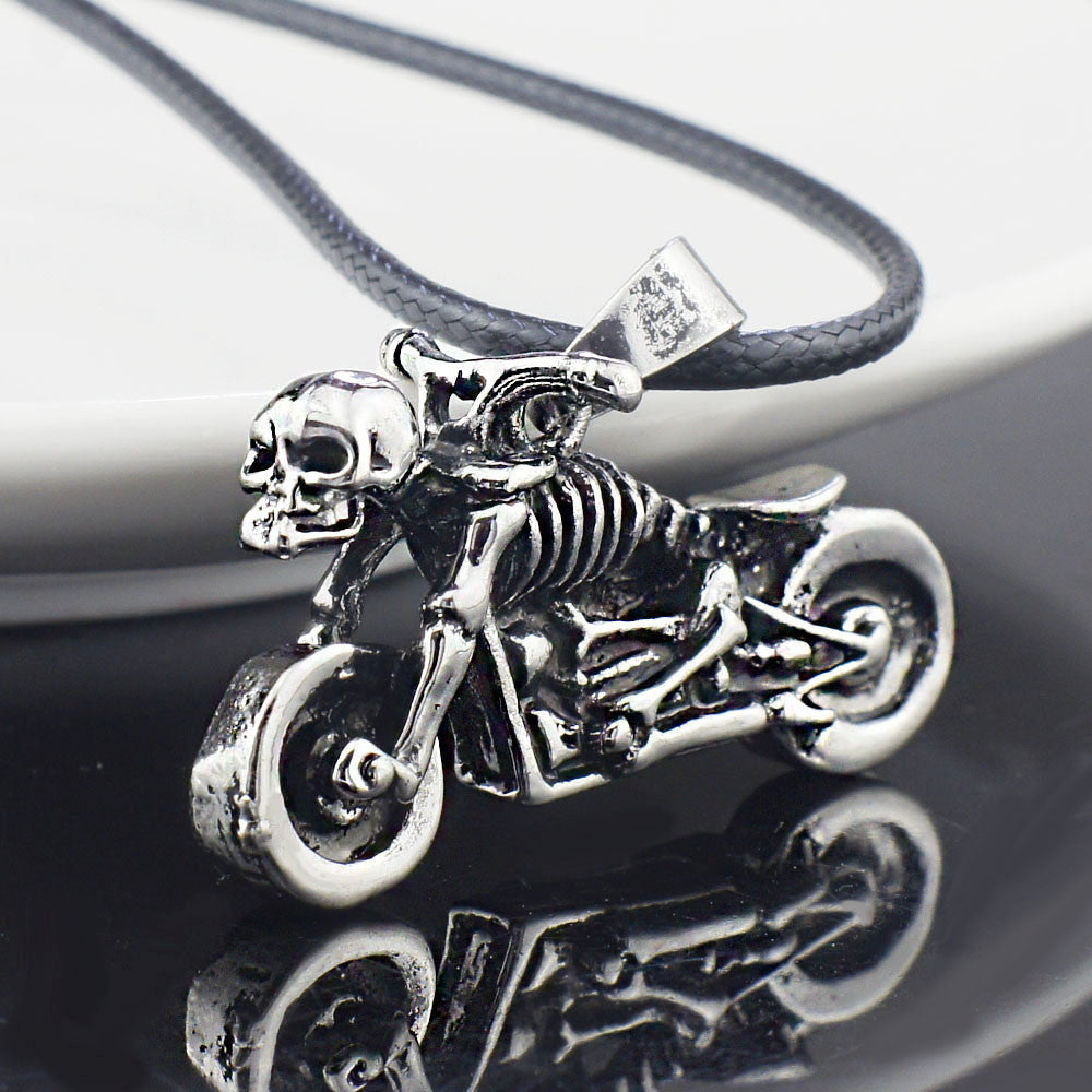 Male Gothic Punk Skeleton Motorcycle Titanium Stainless Steel leather chain Pendant Necklace