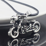 Male Gothic Punk Skeleton Motorcycle Titanium Stainless Steel leather chain Pendant Necklace 