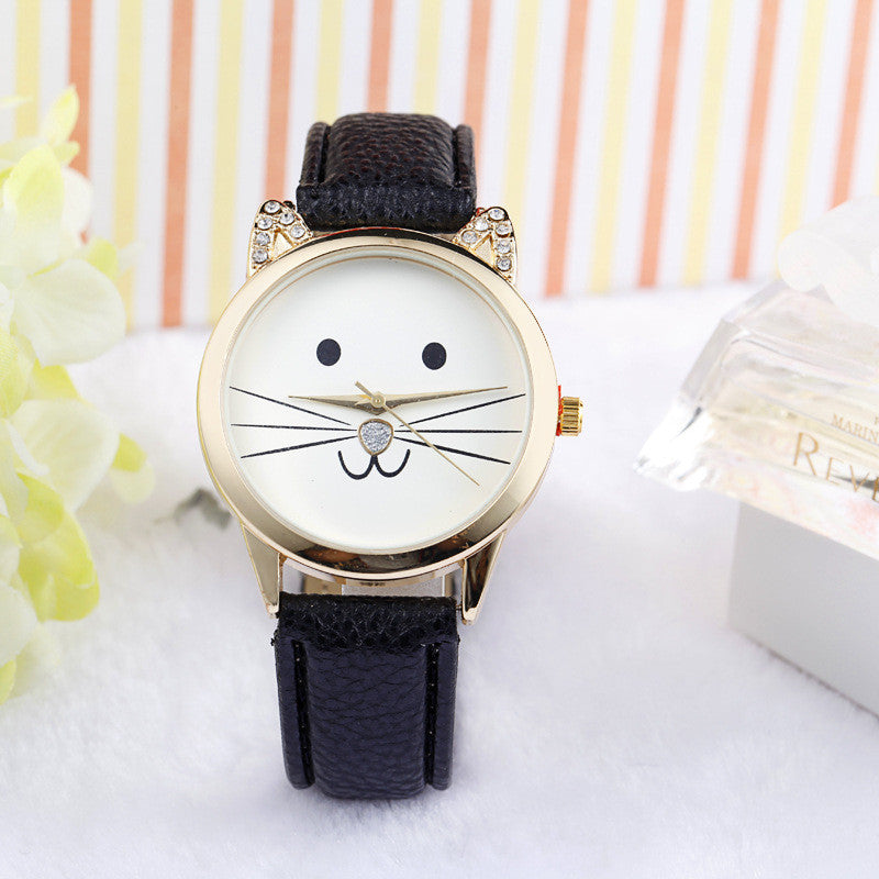 Mance-X Fashion Neutral Diamond Lovely Cute Cat Face Faux Leather cartoon Quartz Watch Women Dress Wrist Watch