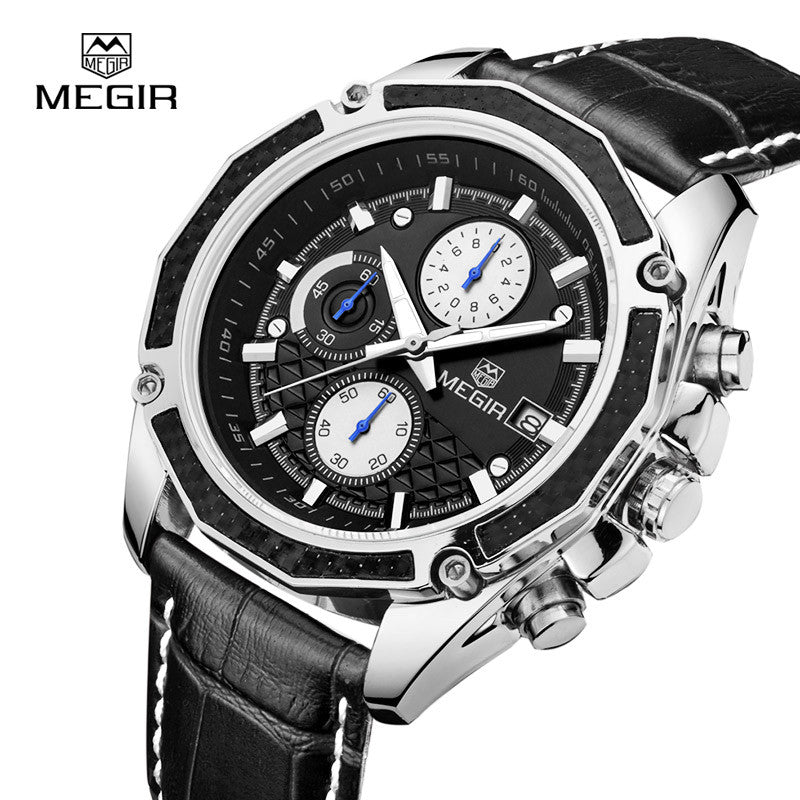 Megir fashion sport quartz watches men casual leather brand wristwatch man hot waterproof luminous stop watch for male hour