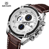 Megir fashion sport quartz watches men casual leather brand wristwatch man hot waterproof luminous stop watch for male hour 