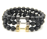 Men Gift New Arrival Alloy Metal Barbell & Black Matte Stone Beads Fashion Dumbbell Bracelets