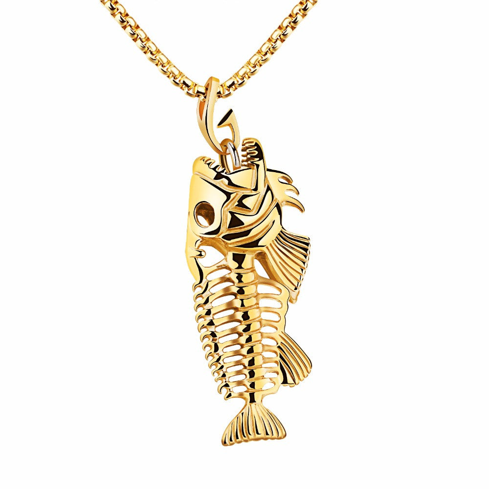 Men Jewelry Necklaces Fish Bone Design Stainless Steel Vintage Pendant Box Chain Necklace Black/Golden/White