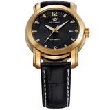 Men Mechanical Hand Wind Classic Simple Black Stainless Steel Case Luxury Date Clock Mens Wrist Watch,Leather Strap Men Watches