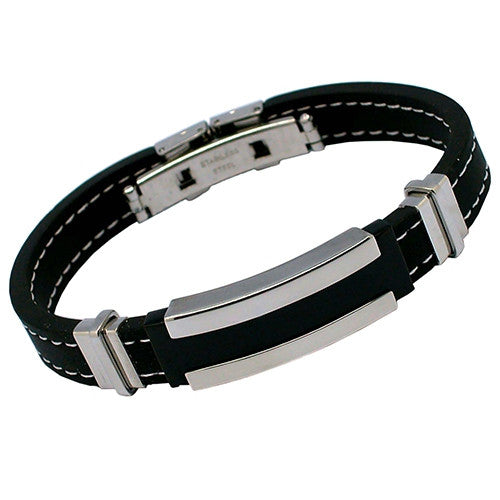 Men's Black Silver Stainless Steel Rubber Bracelet Bangles