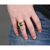 Men's Gold Plated Ring Black Large Agate Stone 316L Stainless Steel Jewelry For Men Rhineston Charm Wedding Dragon Rings Men