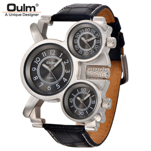 Mens Watches Oulm Top Brand Luxury Military Quartz Watch Unique 3 Small Dials Leather Strap Male Wristwatch Relojes Hombre