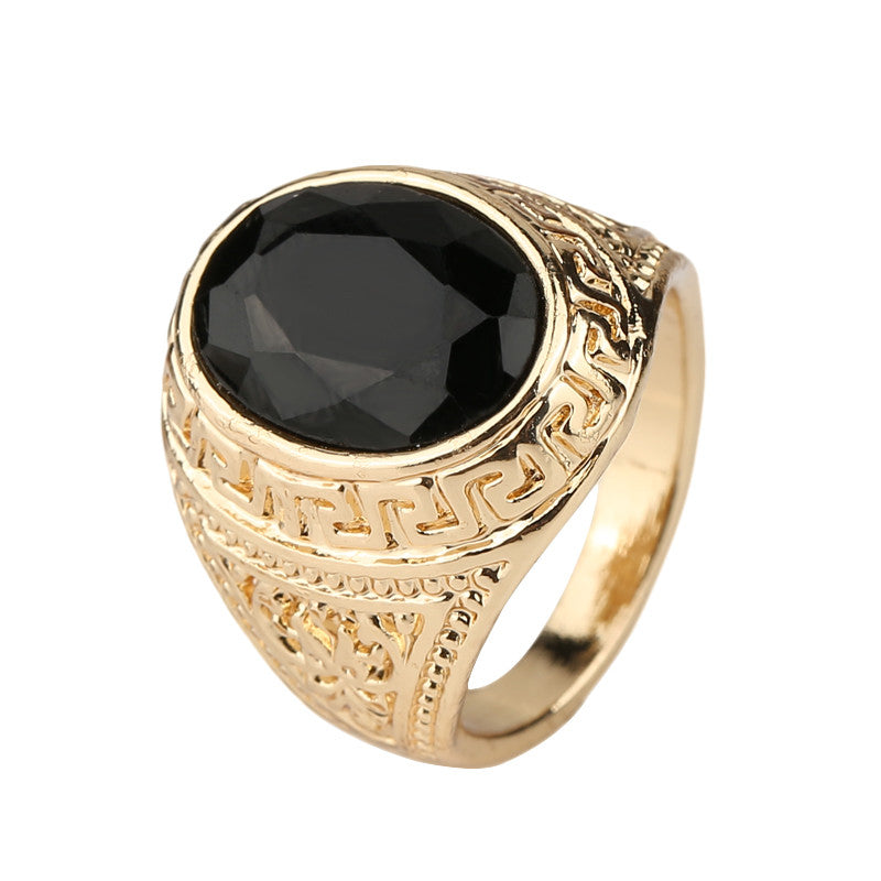 Men's Rings Black Precious Stones Real 18K Gold Ring For Men Retro Texture Engraving Modelling Is Simple And Generous