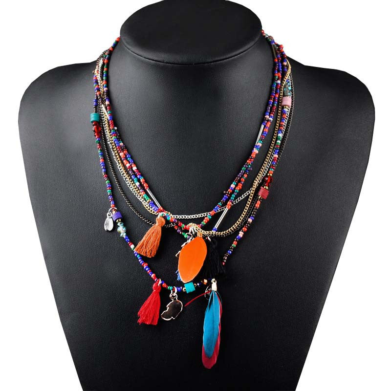 Multi-Color Feather Necklaces & Pendants Beads Chain Statement Necklace Women Collares Ethnic Jewelry for Personalised Gifts