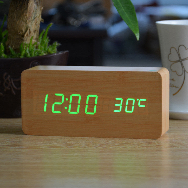 Sounds control novel alarm clocks 4 color LED Display Office wooden desk clock Sylish table clock
