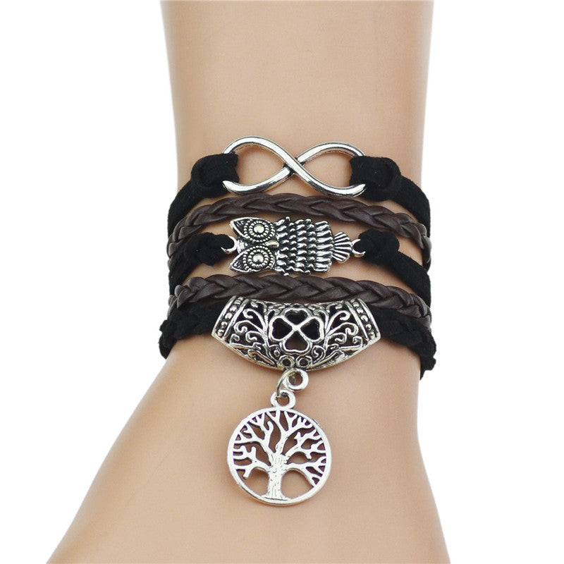 Multi-Strands Infinity Silver Color Clover Charm Leather Braid Bracelet Bangle Jewelry For Women and Men