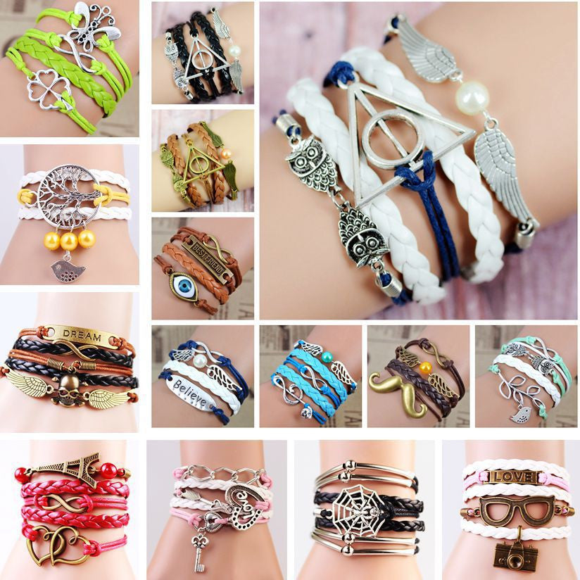 Multilayer Braided Bracelets Vintage Owl Harry Potter wings infinity bracelet Multicolor woven leather bracelet & Bangle