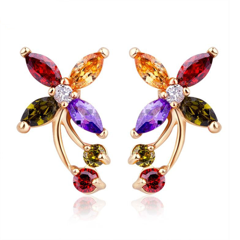 New Arrival 18k Gold Flower Stud Earrings with Colorful Zircon Crystal Women Wedding Jewelry