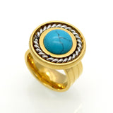 New Arrival Fashion Jewelry Vintage Stainless Steel Antique 18K Gold And Silver Plated Personality White Round Turquoise Ring