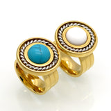 New Arrival Fashion Jewelry Vintage Stainless Steel Antique 18K Gold And Silver Plated Personality White Round Turquoise Ring