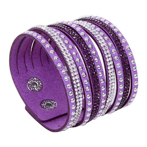 New Arrival Women's Vintage Multilayer Wrap Rivet Rhinestone Suede Cuff Bangle Wristband Bracelet