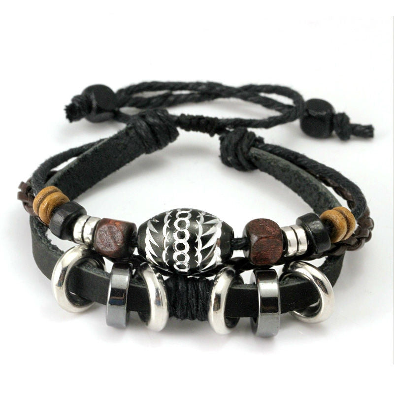 New Arrival Wrap Black Leather Rope Bracelet for Men Colorful Wooden Beads and Metal Charms Fashion Jewelery