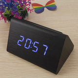 High Quality Black Wood Triangular Blue LED Alarm Digital Desk Clock Wooden Thermometer