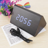 High Quality Black Wood Triangular Blue LED Alarm Digital Desk Clock Wooden Thermometer