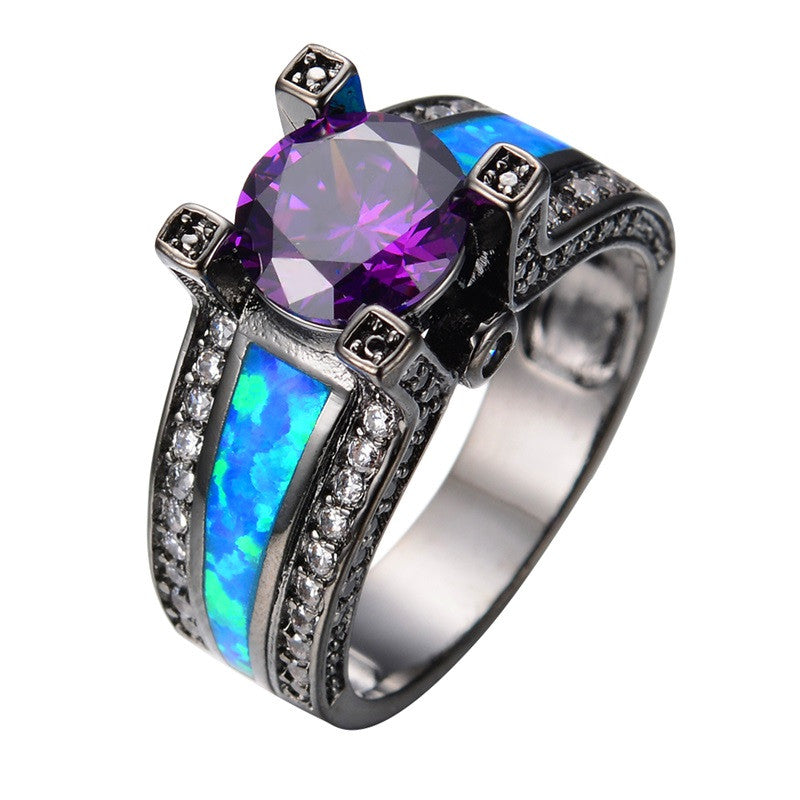 New Blue Opal Female Ring Amethyst Round Zircon Black Gold Filled Sapphire Jewelry Top Quality Wedding Rings For Women