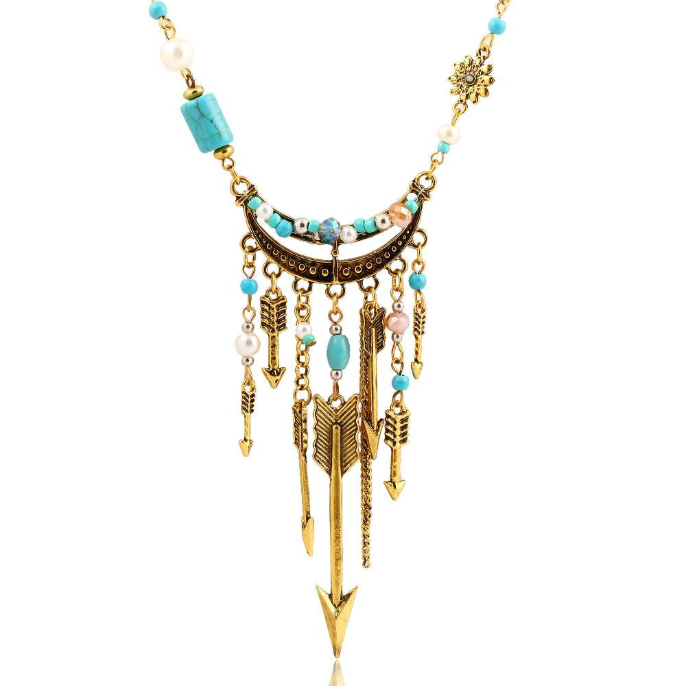 New Bohemia Pendant Turquoise Beads Link Chain Necklace Anchor Arrow Alloy Plated Gold Necklaces Fashion Jewelry For Women
