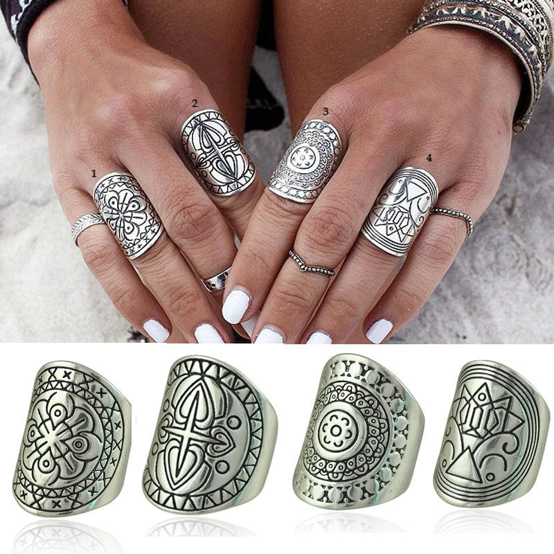 New Bohemia Vintage Jewelry Unique Carving Tibetan Silver Plated Ring Set for Woman 4PCS/Set