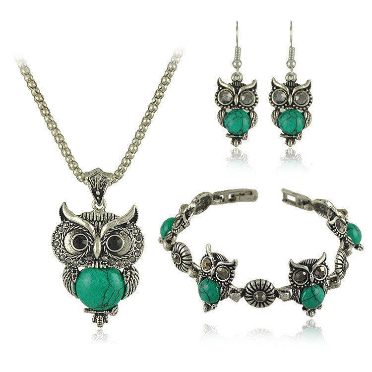 Owl Jewelry Sets Tibetan Vintage Silver Retro Turquoise Stone Pendant Necklace drop earrings Charm bracelet Set