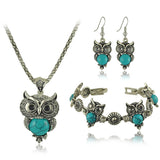 New Brand Design Owl Jewelry Sets Tibetan Vintage Silver Retro Turquoise Stone Pendant Necklace drop earrings Charm bracelet Set
