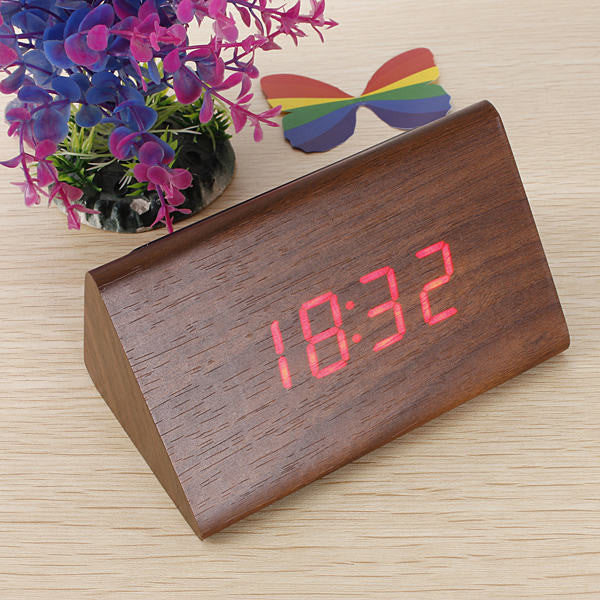 New Brown Wood Triangular Red LED Alarm Digital Desk Clock Wooden Thermometer