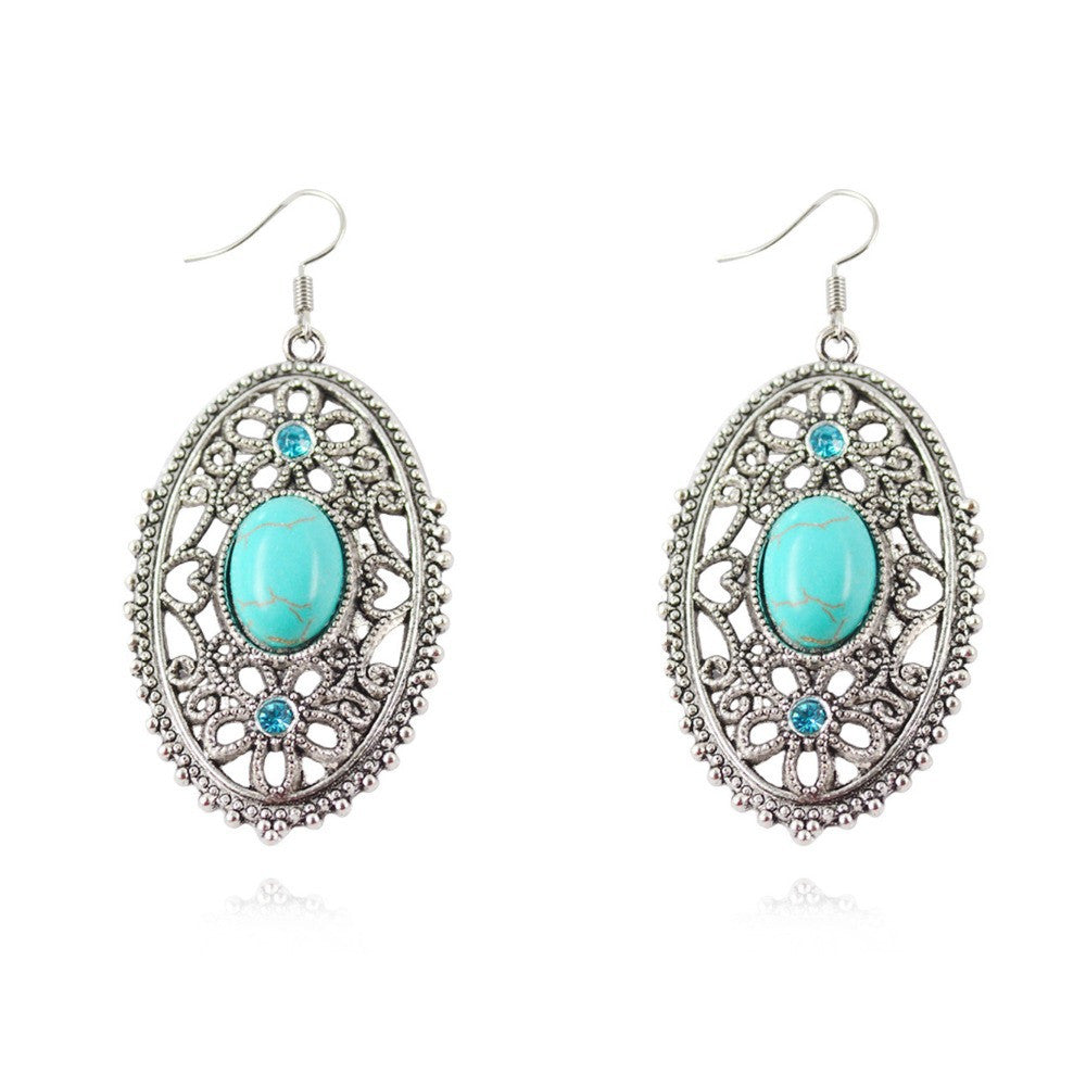New Coming Ancient Silver Plated Women's Dangle Earrings Luxury Retro Oval Inlayed Turquoise Earrings For Women